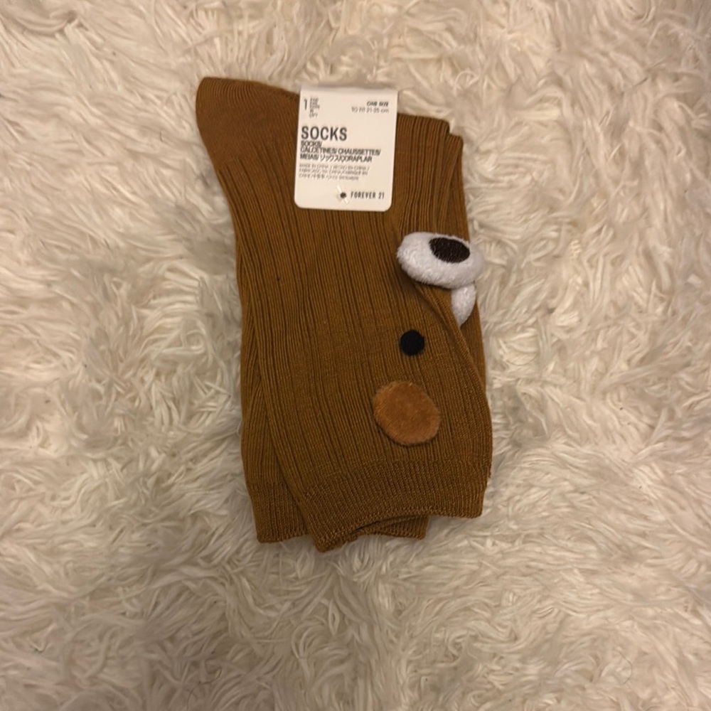 Forever 21 Tan Ribbed Socks with Bear Accent